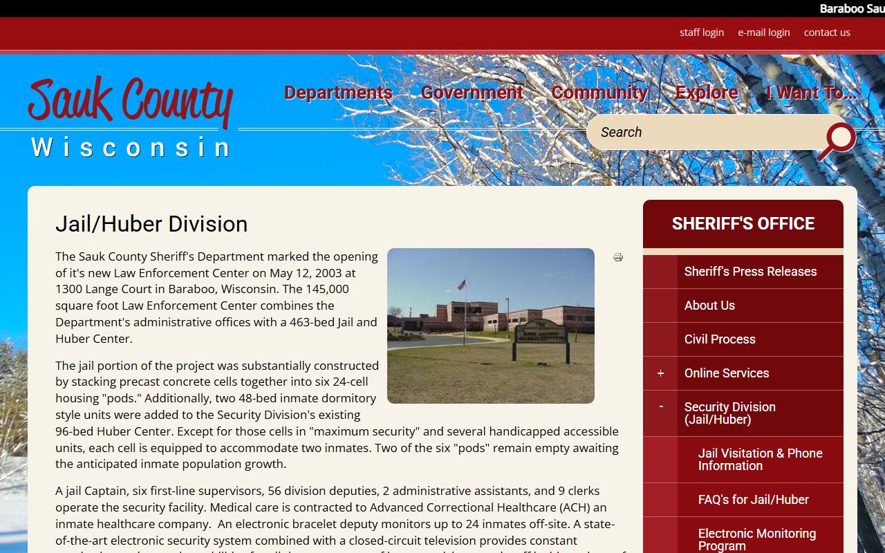 Sauk County Jail and Huber Division page with facility details